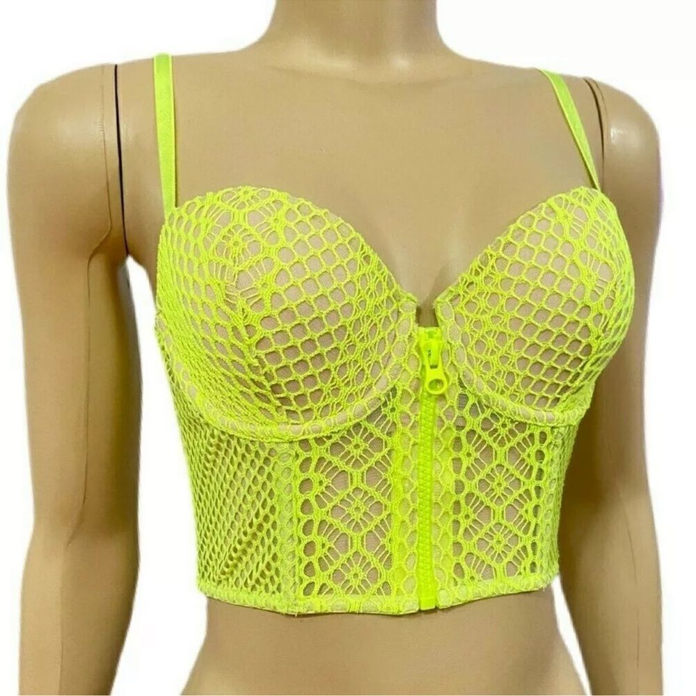 Victoria’s Secret Longline Lightly Lined Demi Fishnet Zip Up Bra Neon Green